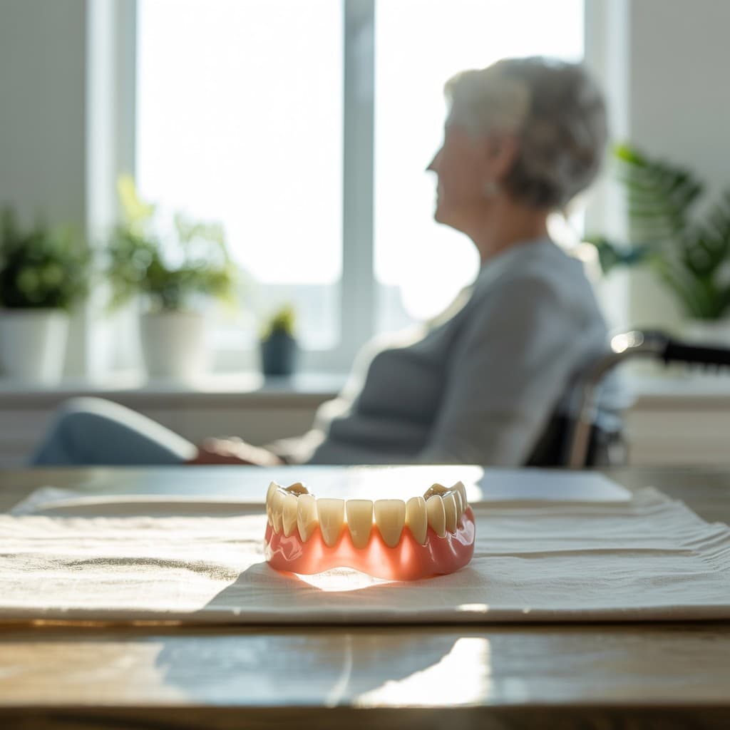 "Een vrouwelijke tandarts houdt een dentuurmal in haar hand met een lichte glimlach en een professionele uitstraling."