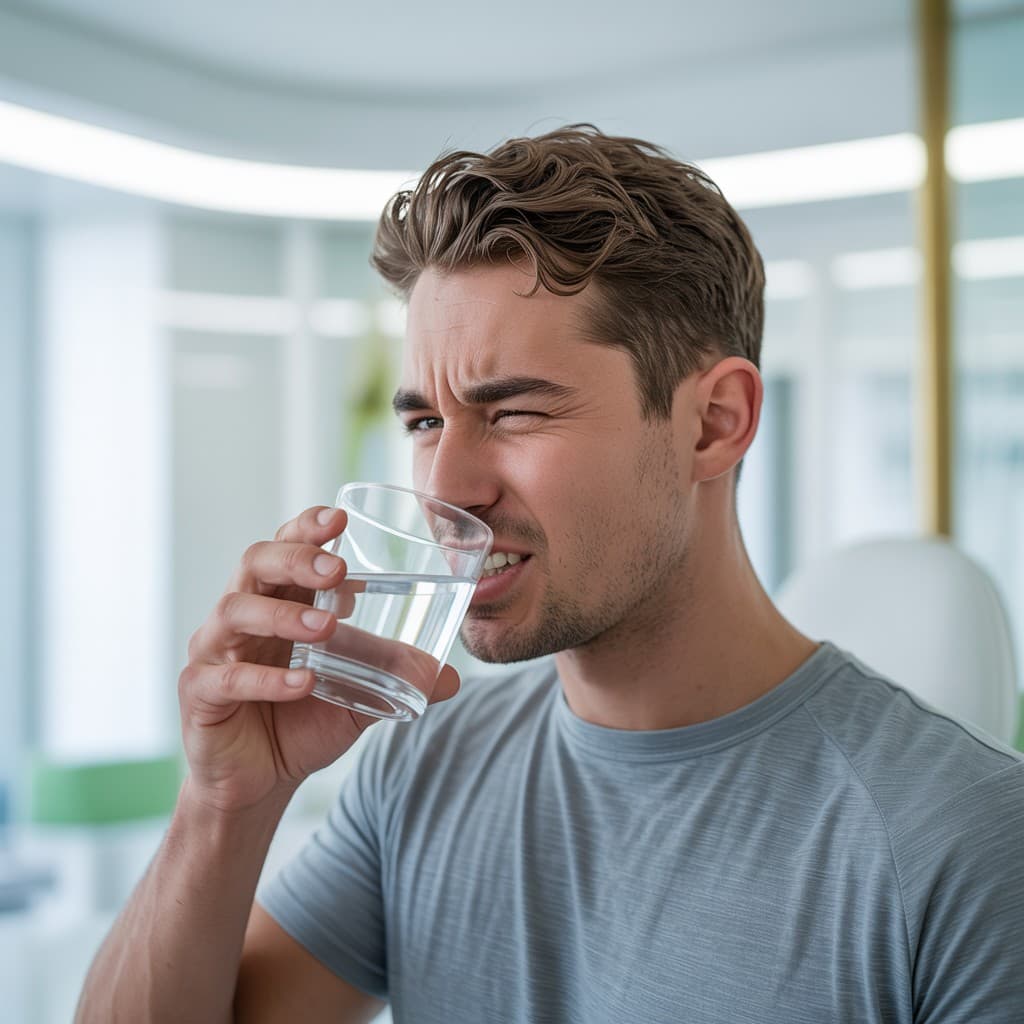 Mannelijke patiënt met gevoelige tanden die reageert op koude drank met lichte pijnreactie
