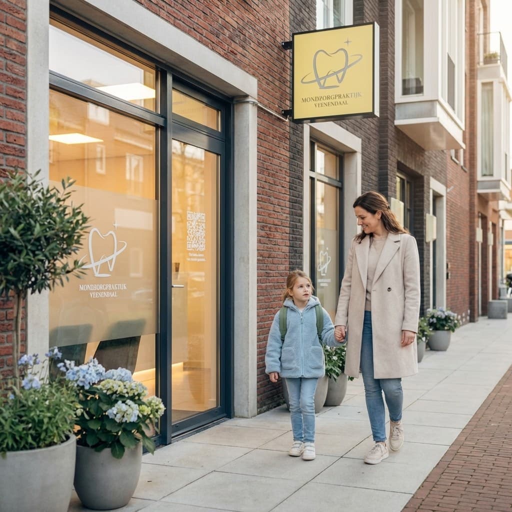 "A mother holding her young daughter's hand, walking towards a dental clinic."