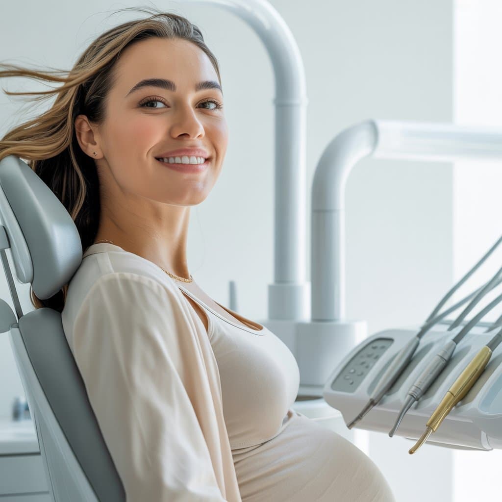 Zwangere vrouw met een zachte glimlach en transparante Invisalign-aligners in een lichte tandartspraktijk